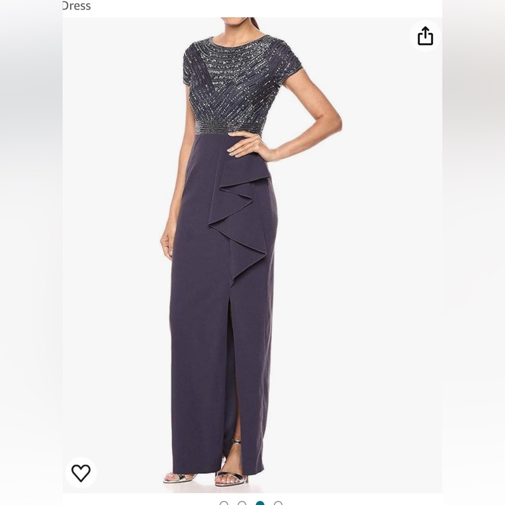Adrianna Papell Formal‎ Dress Gown Gray Floral Embroidery  Ruffle Side Slit 2